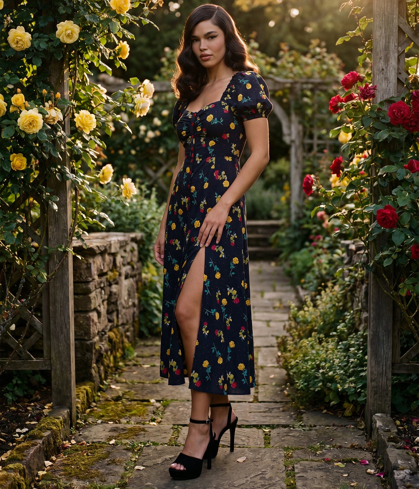 Unique Vintage 1940s Black Floral Midi Dress