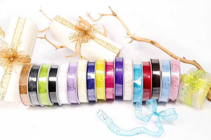 25 yards- White w/ Iridescent Glitter Wire Ribbon 5/8"