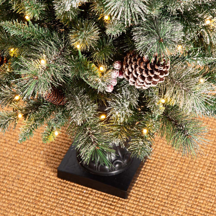 5ft Pre-Lit Green Flocked Pine Artificial Christmas Porch Tree with 130 Warm White Lights, Set of 2