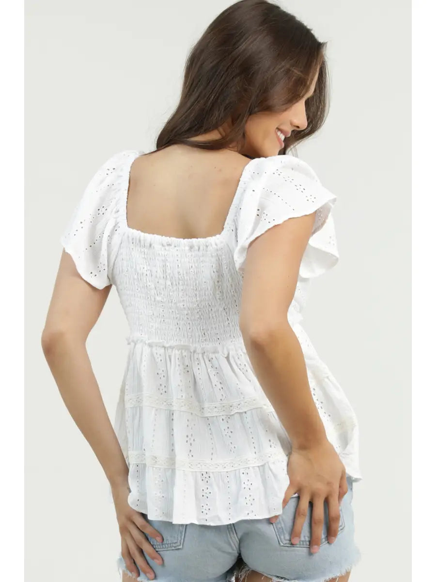 Flutter Sleeve Ruffle Detail Crochet Top