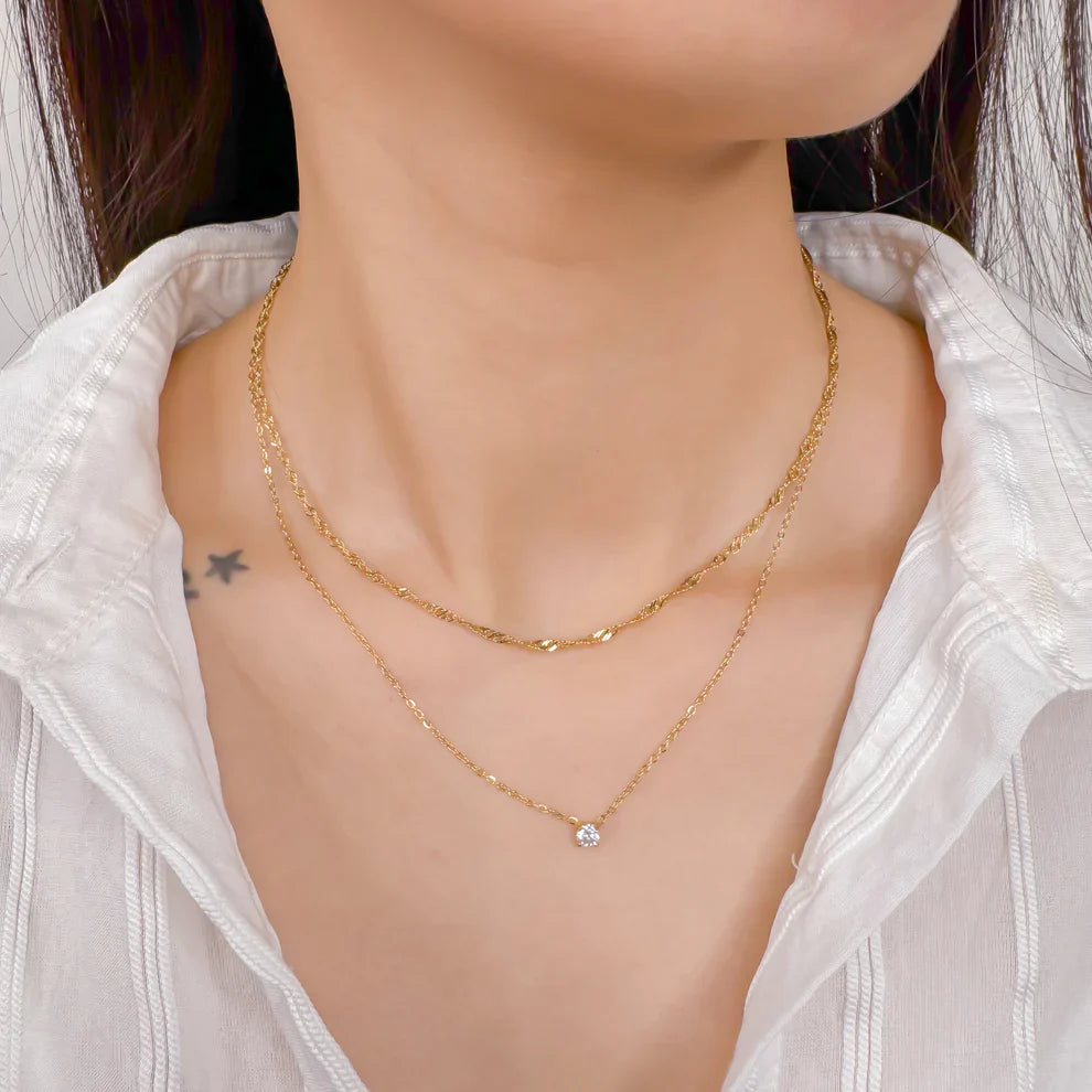 Multi-Layered Chain Necklace w/ Crystal Pendant