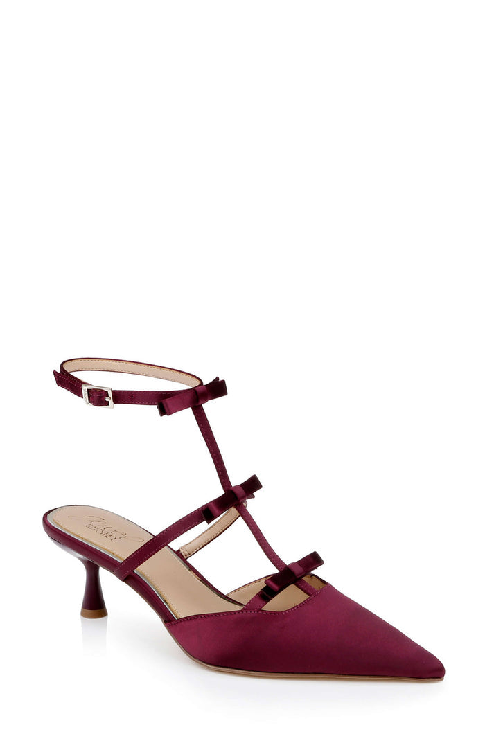 Bordeaux Satin | Elisabetta T-Strap Kitten Heel Pumps Front Side