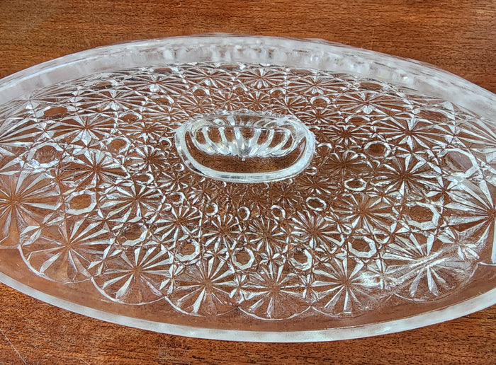 L.E. SMITH glass oval butter dish buttons and bows