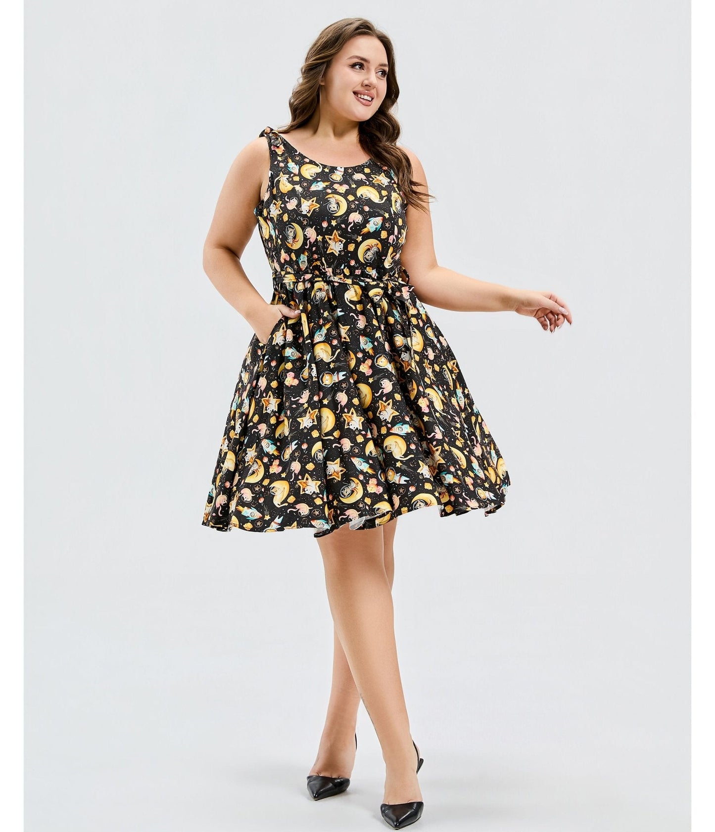 Plus Size Black Meowgical Galaxy Swing Dress