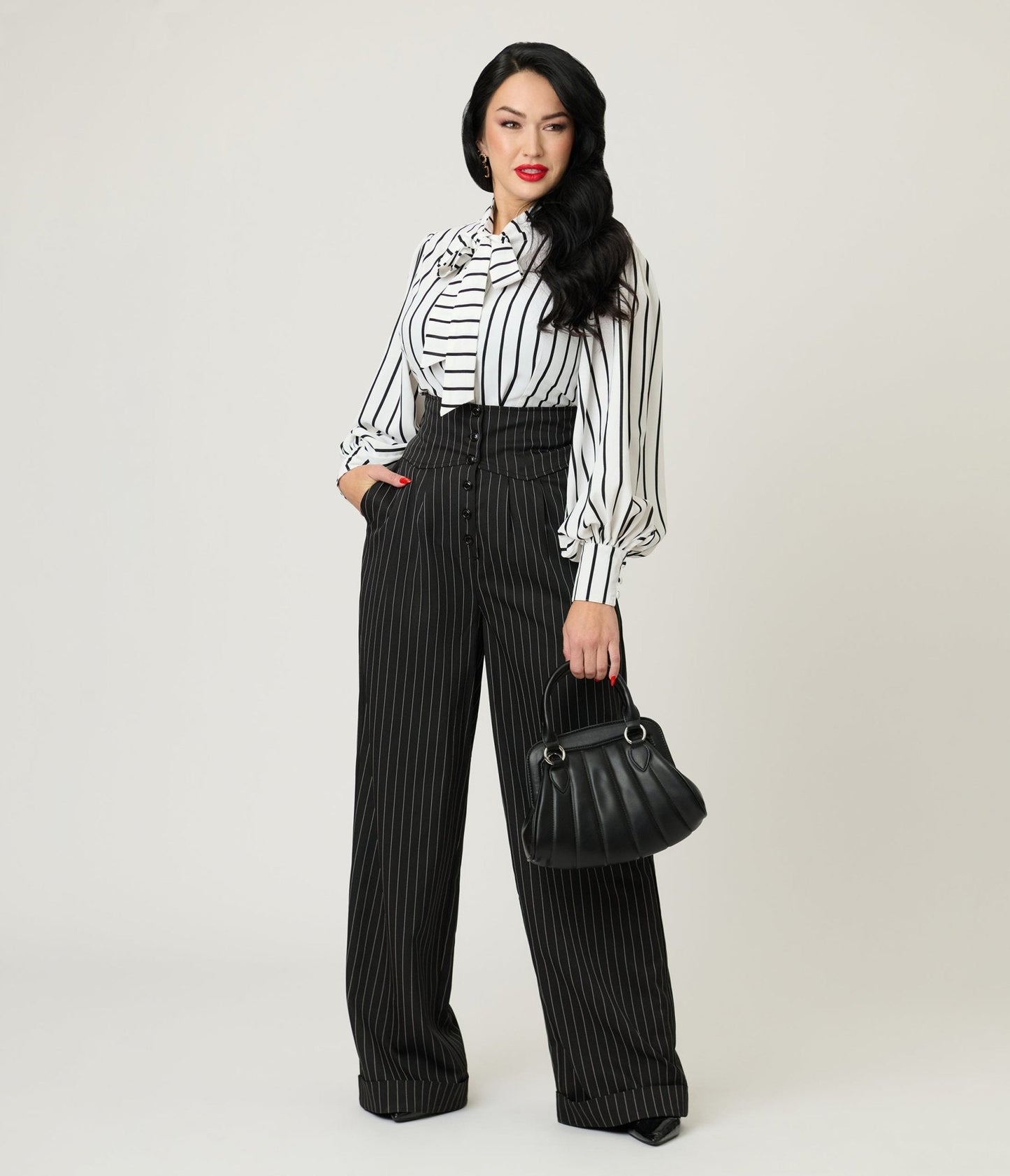 Unique Vintage Black Pinstripe High Waist Trousers