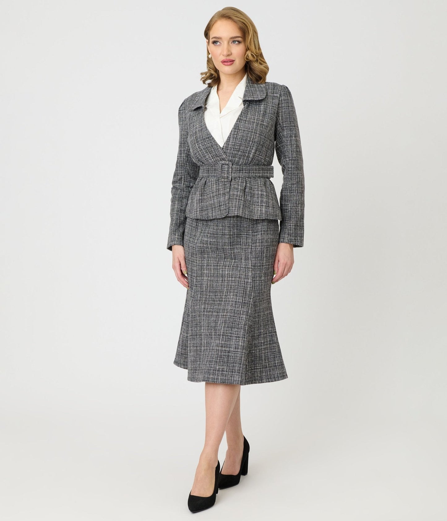 Unique Vintage Grey Tweed Belted Shawl Collar Jacket