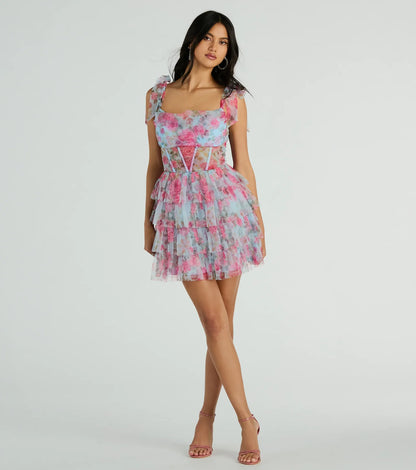 Mandy Corset Ruffle Rose Floral A-Line Party Dress