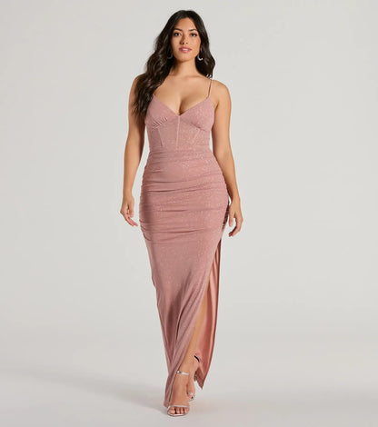Patsy V-Neck Corset Slim Glitter Mesh Formal Dress