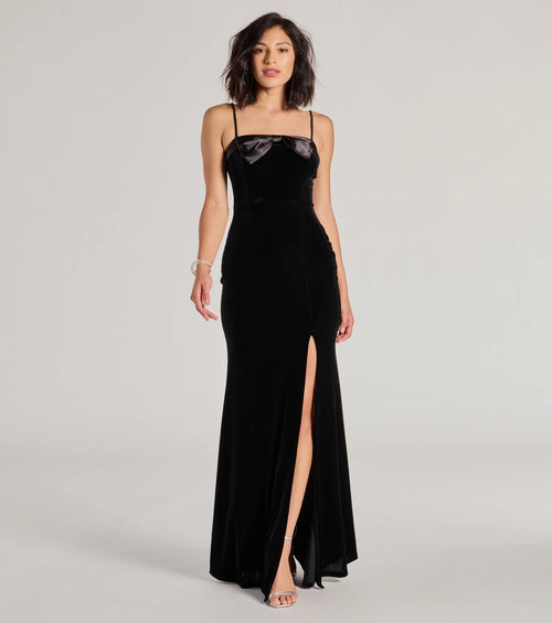 Gracie Velvet and Bow High Slit Mermaid Dress