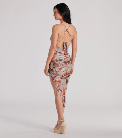 Sweet Escape Lace-Up Tropical Midi Dress