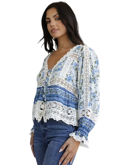 Lace Trim Tie Front Long Sleeve Blouse