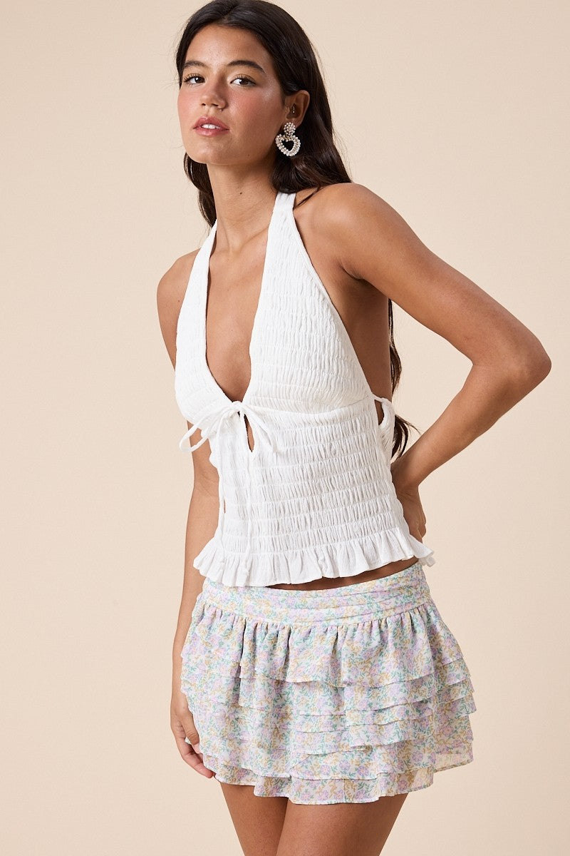 Ruched Halter V-Neck Top