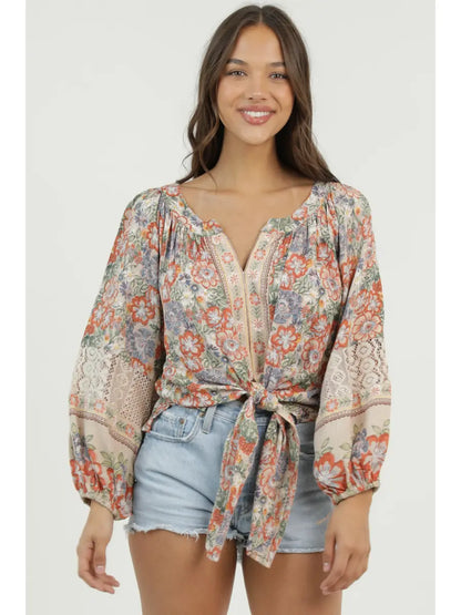 Border Print Tie Front Crochet Top