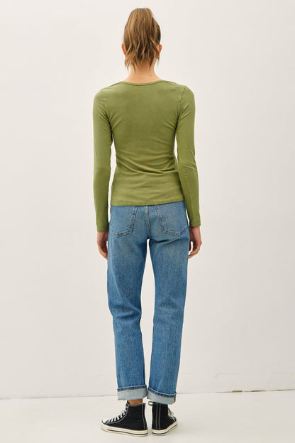 Ribbed Notched Neck Long-sleeve Top
