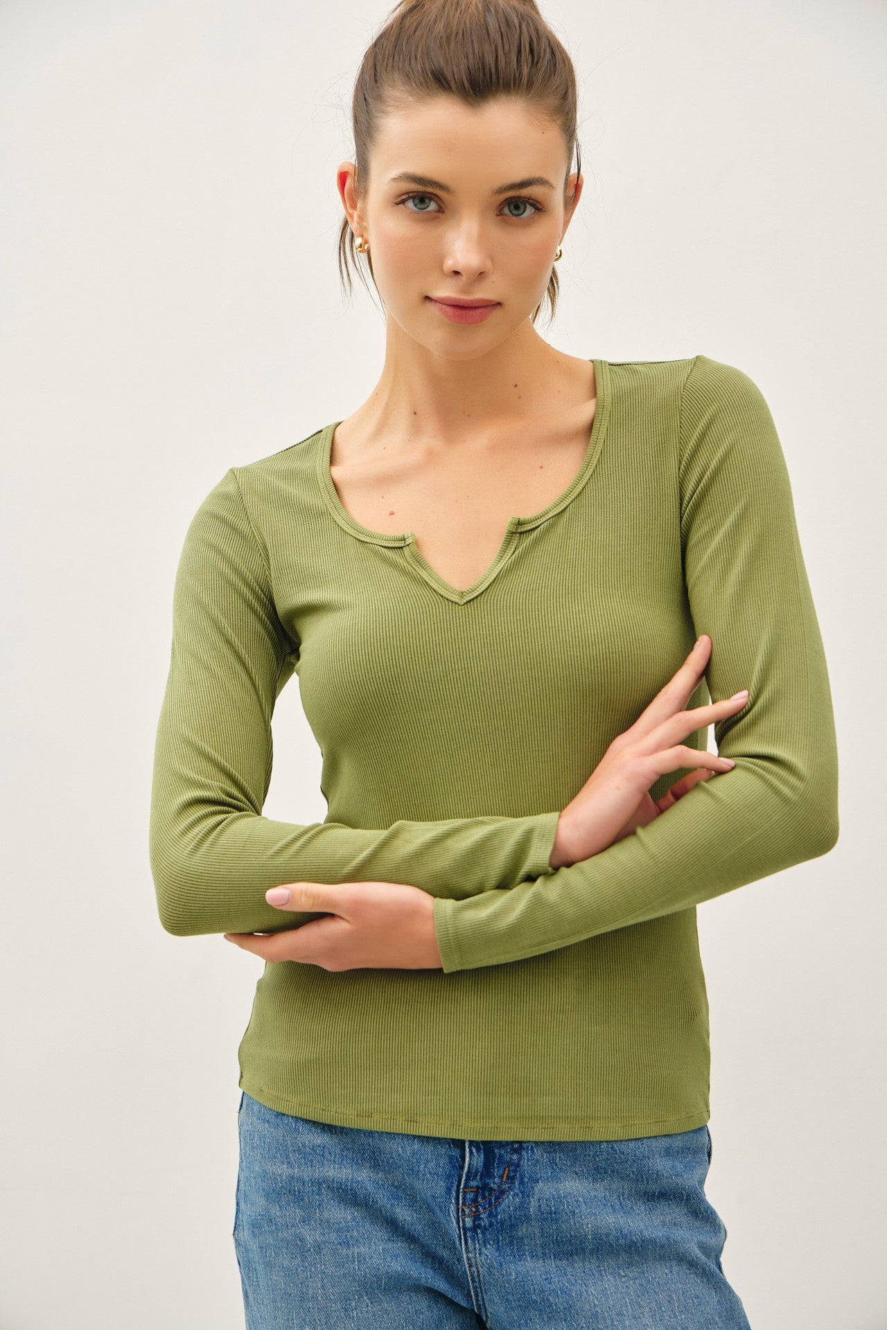 Ribbed Notched Neck Long-sleeve Top