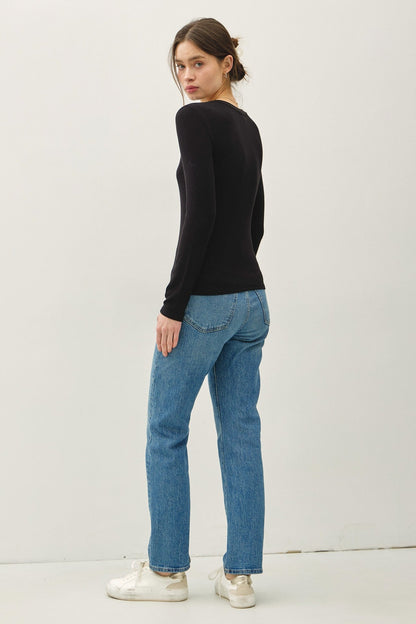 Classic Ribbed V-Neck Long Sleeve Top