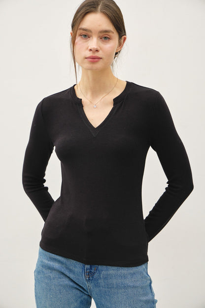Classic Ribbed V-Neck Long Sleeve Top