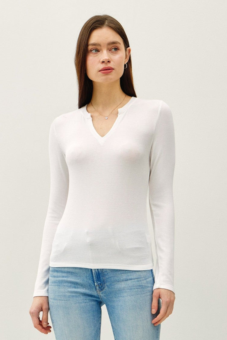 Classic Ribbed V-Neck Long Sleeve Top
