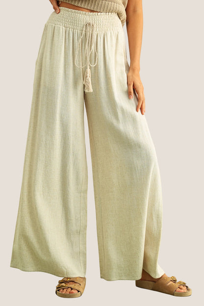 Cotton Linen Smocked Waist Tassel Pants