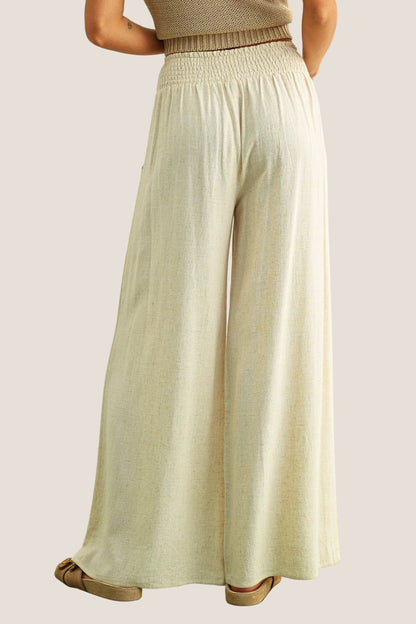 Cotton Linen Smocked Waist Tassel Pants