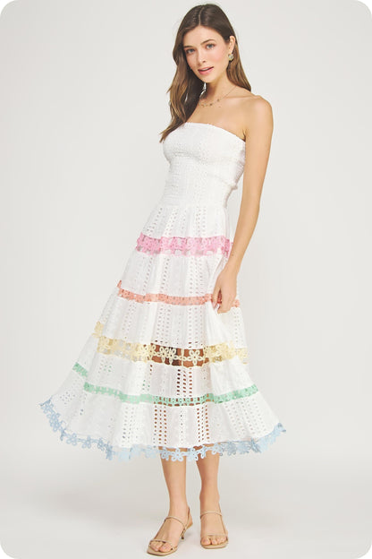 Beautiful Chaos Color Block Lace Trim Midi Dress