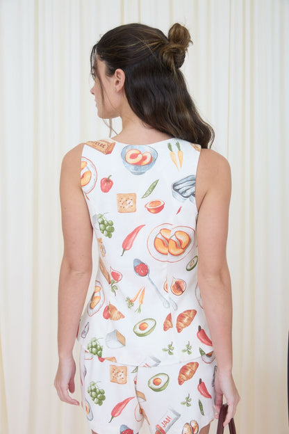 Lunch Motif Button Down Sleeveless Top