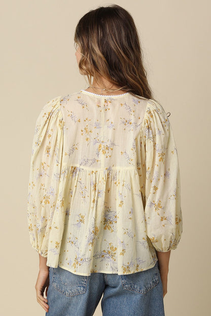 Floral Print Long Sleeve V-Neck Blouse