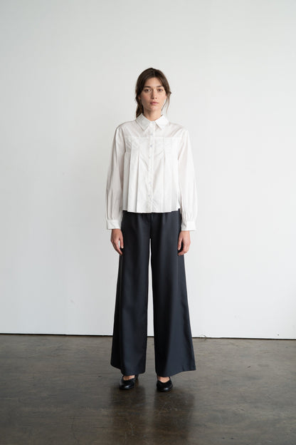 Pleated Poplin Button Down Shirt