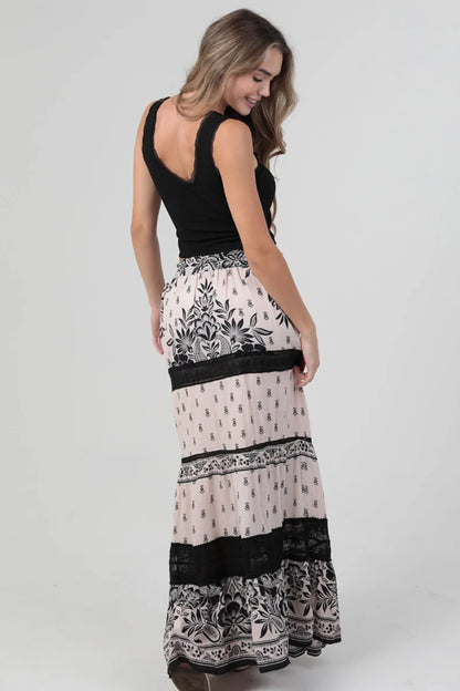 Lace Trim Printed Maxi Skirt