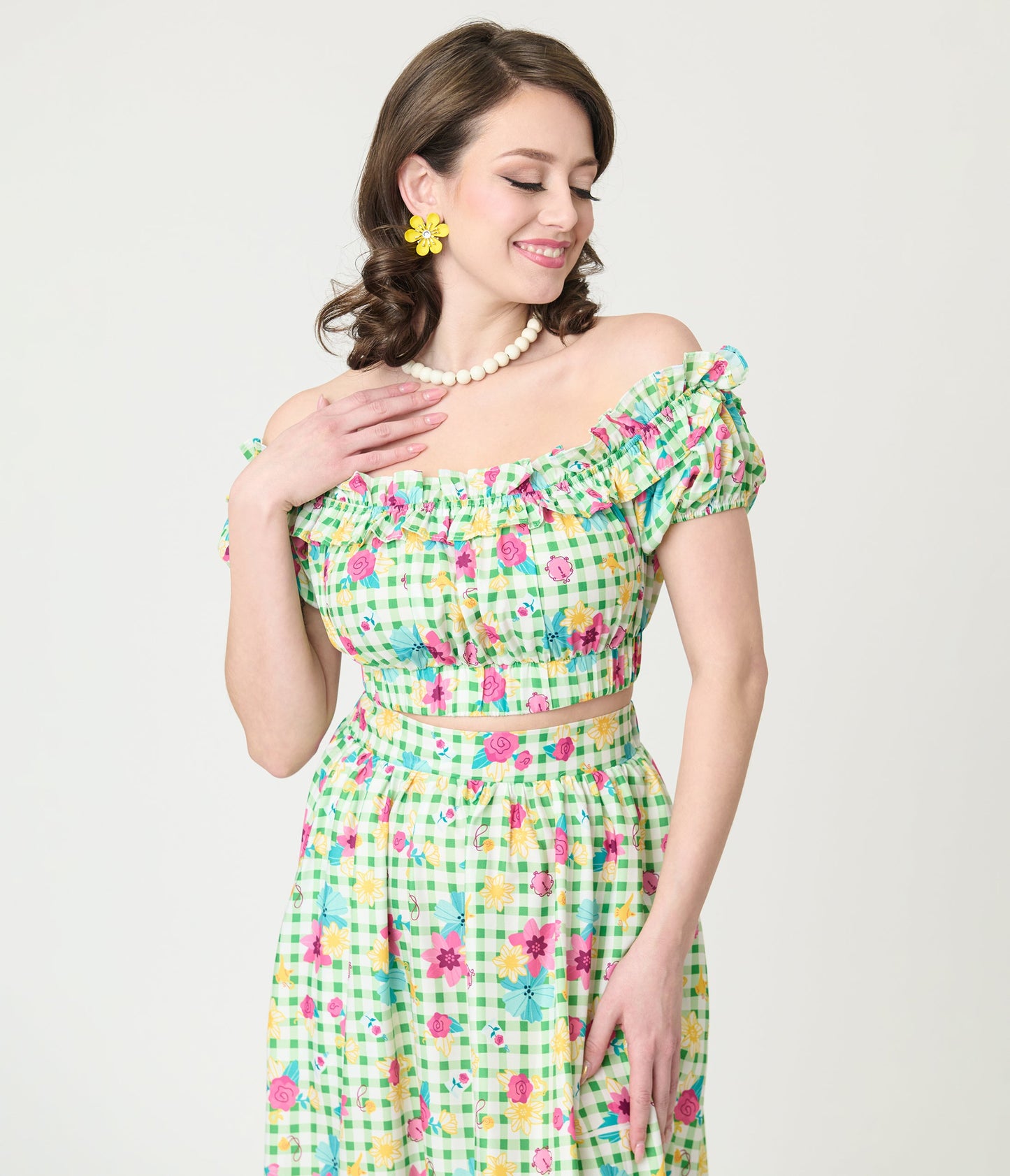 Disney Princess Collection by Unique Vintage Green Gingham Princess Floral Ruffle Up Crop Top