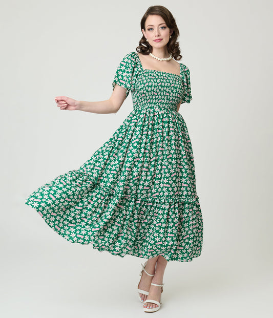 Barbie™ x Unique Vintage Green Ditzy Daisy Smocked Midi Dress