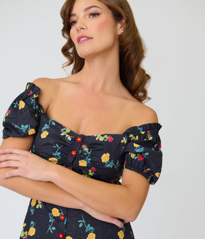 Unique Vintage 1940s Black Floral Midi Dress