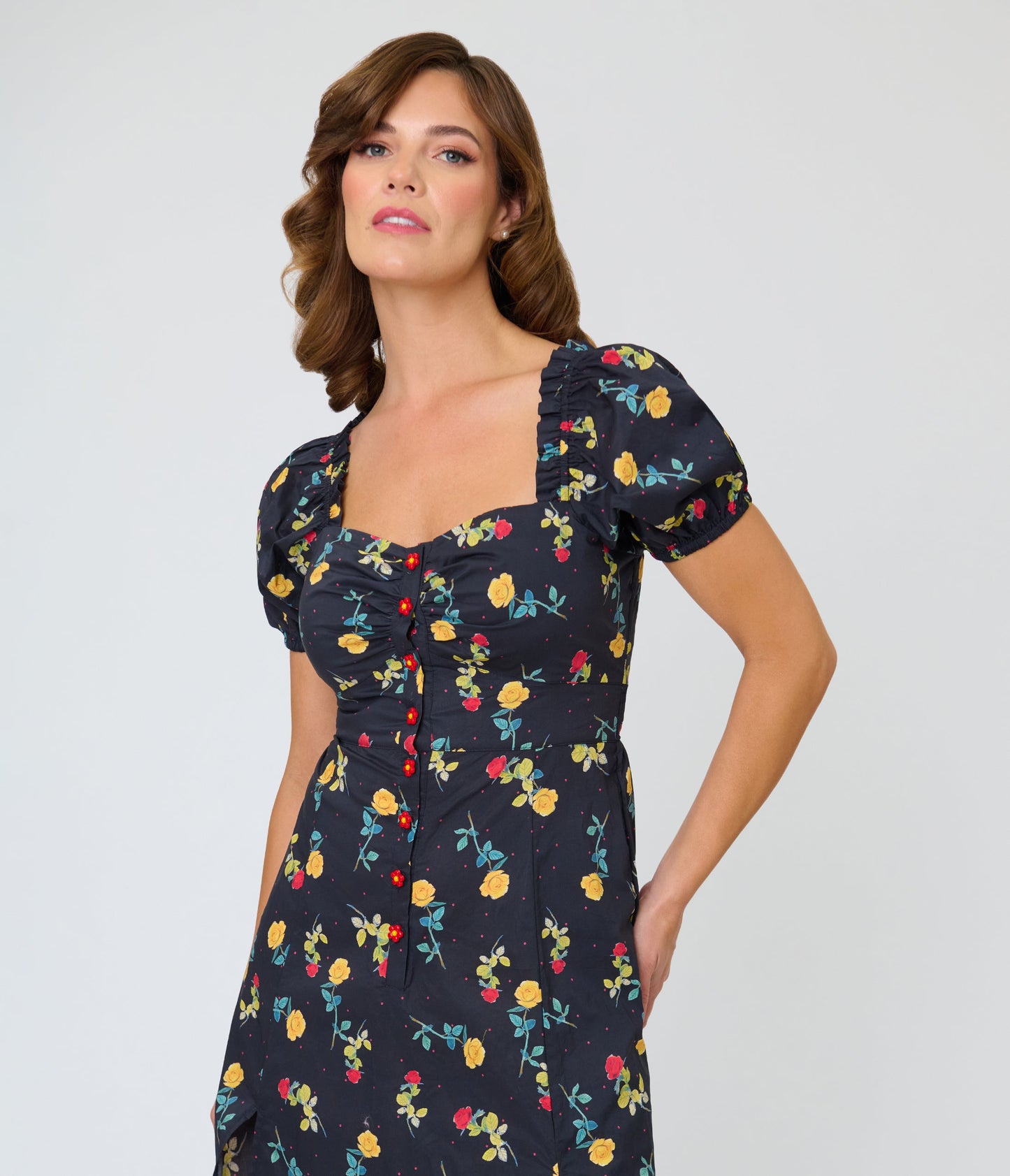 Unique Vintage 1940s Black Floral Midi Dress