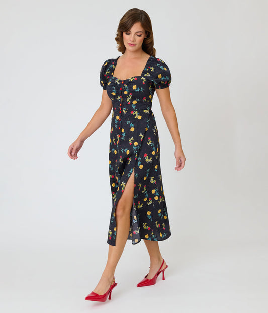 Unique Vintage 1940s Black Floral Midi Dress