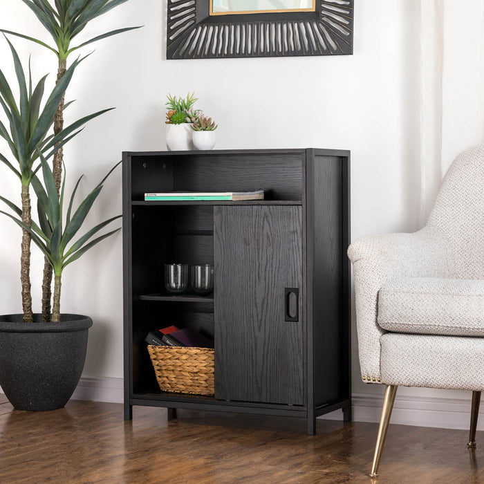 31.75"H Modern Industrial Black Oak Melamine Floor Cabinet with 2 Sliding Doors