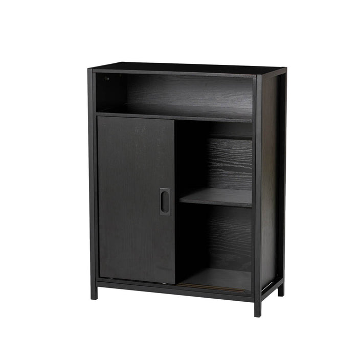 31.75"H Modern Industrial Black Oak Melamine Floor Cabinet with 2 Sliding Doors