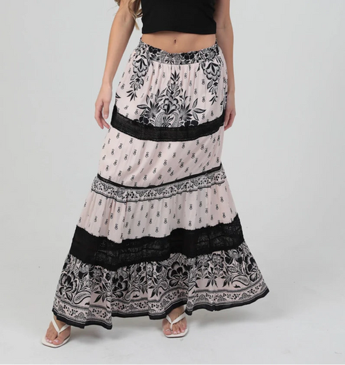 Lace Trim Printed Maxi Skirt
