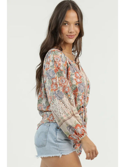 Border Print Tie Front Crochet Top