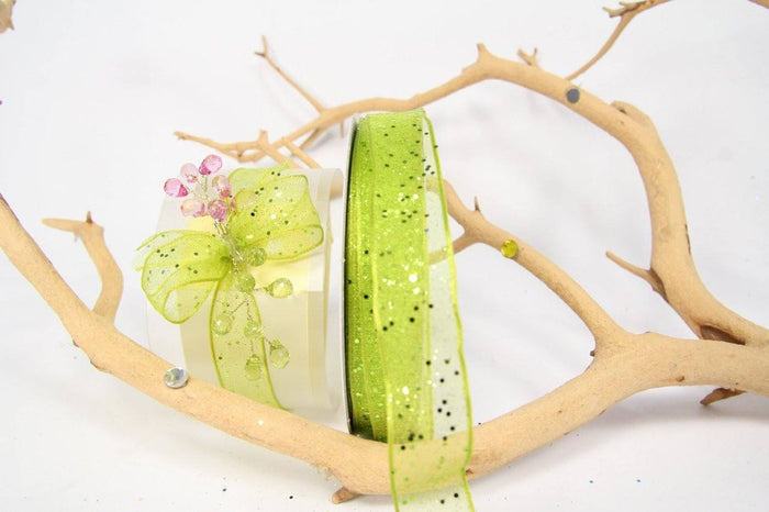 25 yards- Lime Glitter Wire Ribbon 5/8"