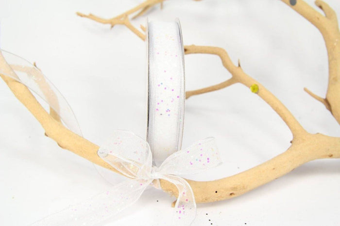 25 yards- White w/ Iridescent Glitter Wire Ribbon 5/8"