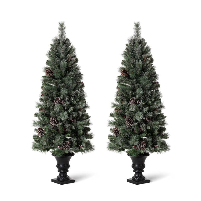 5ft Pre-Lit Green Flocked Pine Artificial Christmas Porch Tree with 130 Warm White Lights, Set of 2