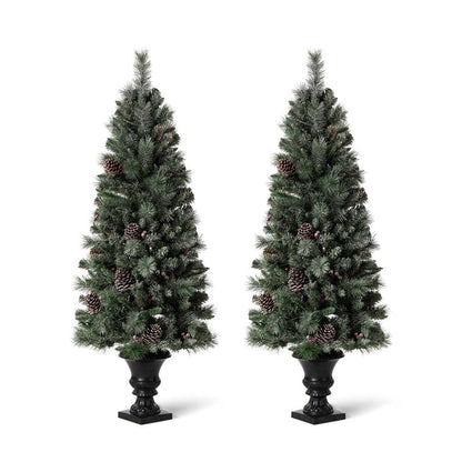 5ft Pre-Lit Green Flocked Pine Artificial Christmas Porch Tree with 130 Warm White Lights, Set of 2