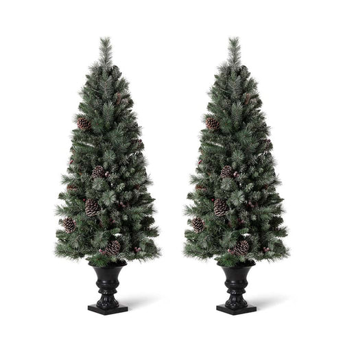 5ft Pre-Lit Green Flocked Pine Artificial Christmas Porch Tree with 130 Warm White Lights, Set of 2