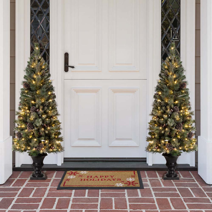 5ft Pre-Lit Green Flocked Pine Artificial Christmas Porch Tree with 130 Warm White Lights, Set of 2