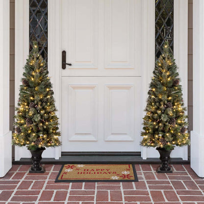 5ft Pre-Lit Green Flocked Pine Artificial Christmas Porch Tree with 130 Warm White Lights, Set of 2