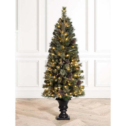 5ft Pre-Lit Green Flocked Pine Artificial Christmas Porch Tree with 130 Warm White Lights, Set of 2