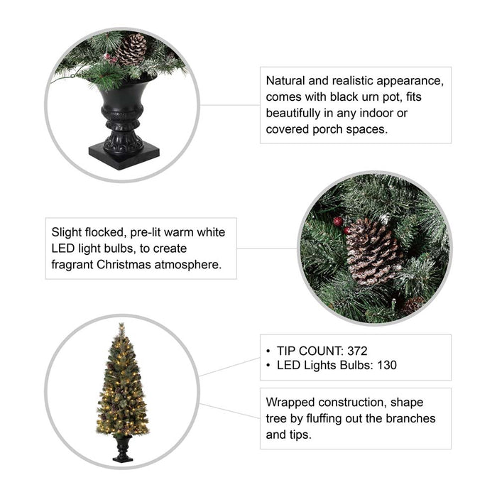 5ft Pre-Lit Green Flocked Pine Artificial Christmas Porch Tree with 130 Warm White Lights, Set of 2