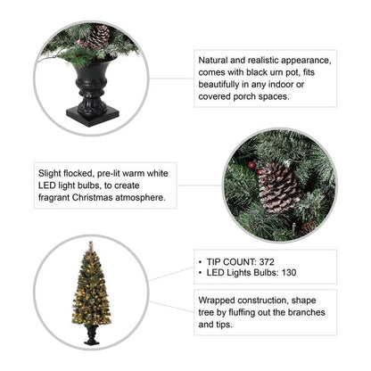 5ft Pre-Lit Green Flocked Pine Artificial Christmas Porch Tree with 130 Warm White Lights, Set of 2