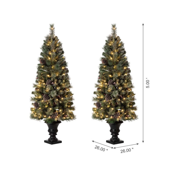5ft Pre-Lit Green Flocked Pine Artificial Christmas Porch Tree with 130 Warm White Lights, Set of 2