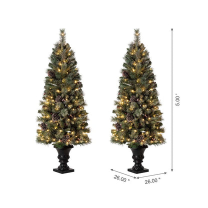 5ft Pre-Lit Green Flocked Pine Artificial Christmas Porch Tree with 130 Warm White Lights, Set of 2